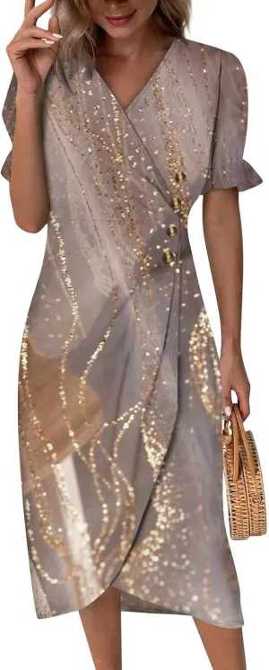 Shift Dresses for Women Faux Wrap Irregular Hem Boho Midi-Dress Elegant Summer 2024 Trendy