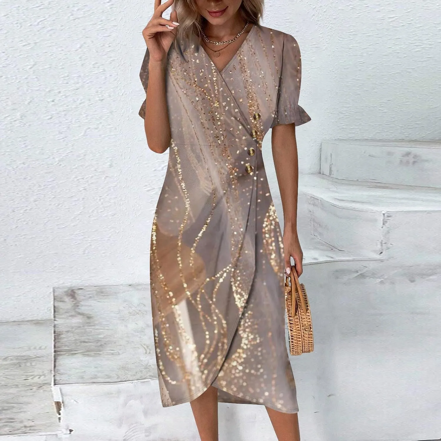 Shift Dresses for Women Faux Wrap Irregular Hem Boho Midi-Dress Elegant Summer 2024 Trendy
