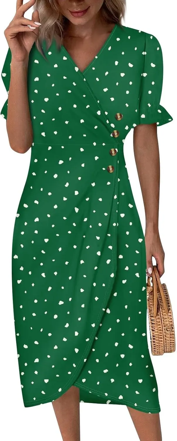 Shift Dresses for Women Faux Wrap Irregular Hem Boho Midi-Dress Elegant Summer 2024 Trendy