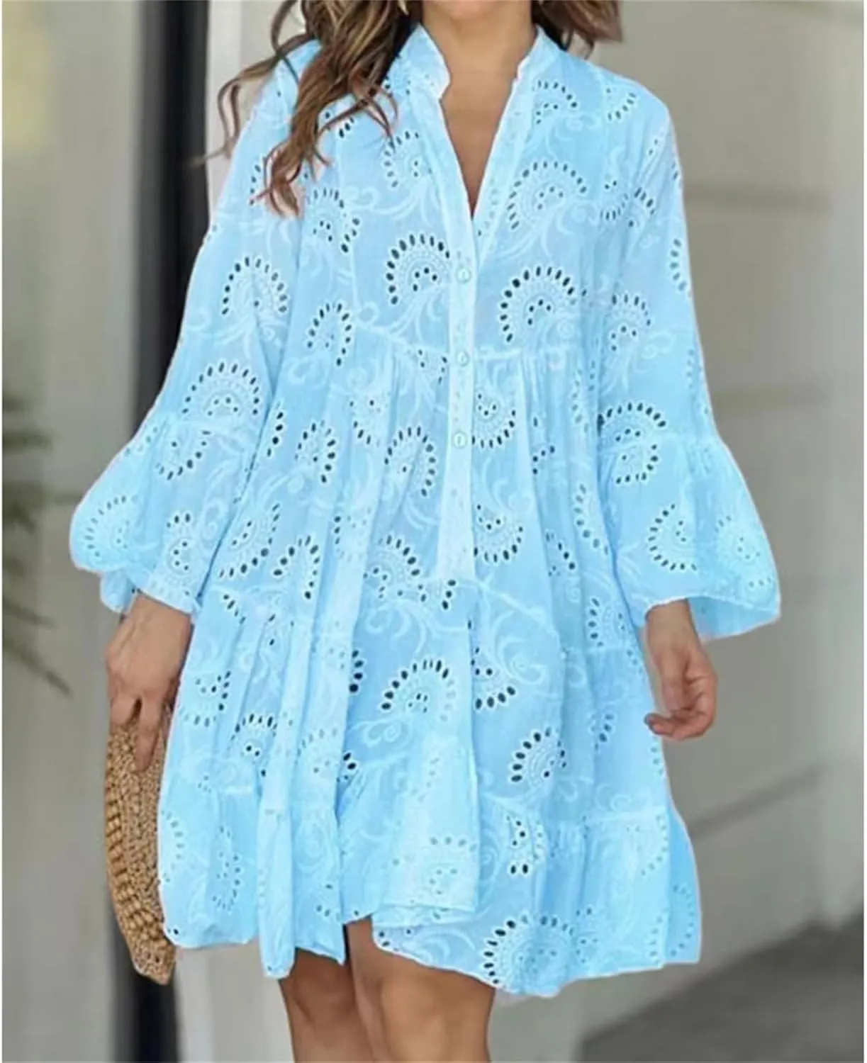 Short Dresses for Women Casual Summer Mini Dress Crochet Plus Size Button Down V Neck Dress T Shirt Beach Sundress