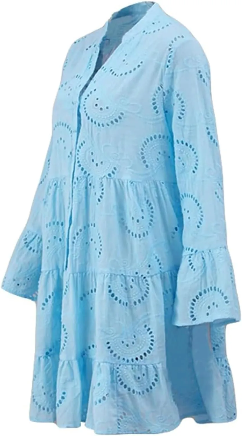 Short Dresses for Women Casual Summer Mini Dress Crochet Plus Size Button Down V Neck Dress T Shirt Beach Sundress