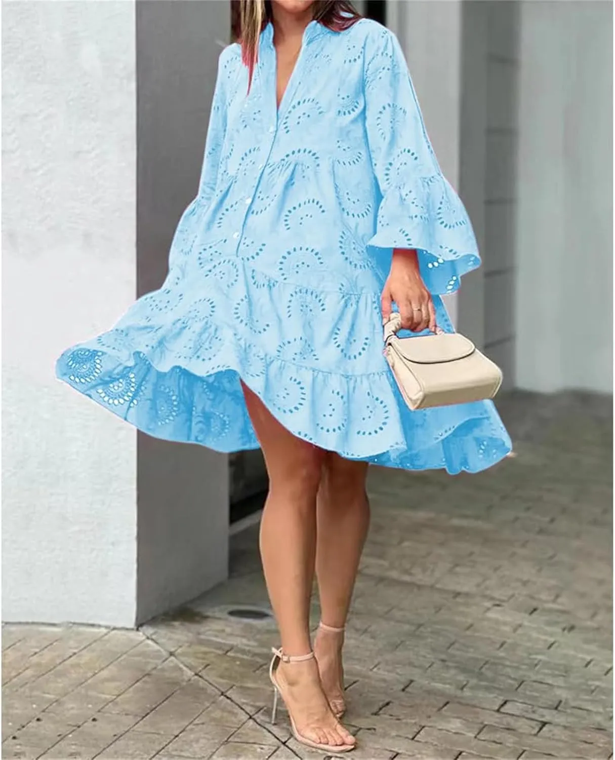 Short Dresses for Women Casual Summer Mini Dress Crochet Plus Size Button Down V Neck Dress T Shirt Beach Sundress