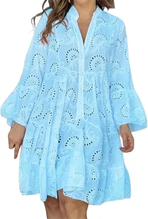 Short Dresses for Women Casual Summer Mini Dress Crochet Plus Size Button Down V Neck Dress T Shirt Beach Sundress