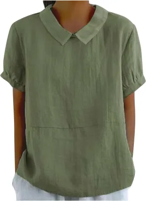Short Sleeve Linen Tshirt for Women Peter Pan Collar Blouses Vintage Casual Loose Fit Cute Tops Summer Clothes 2025
