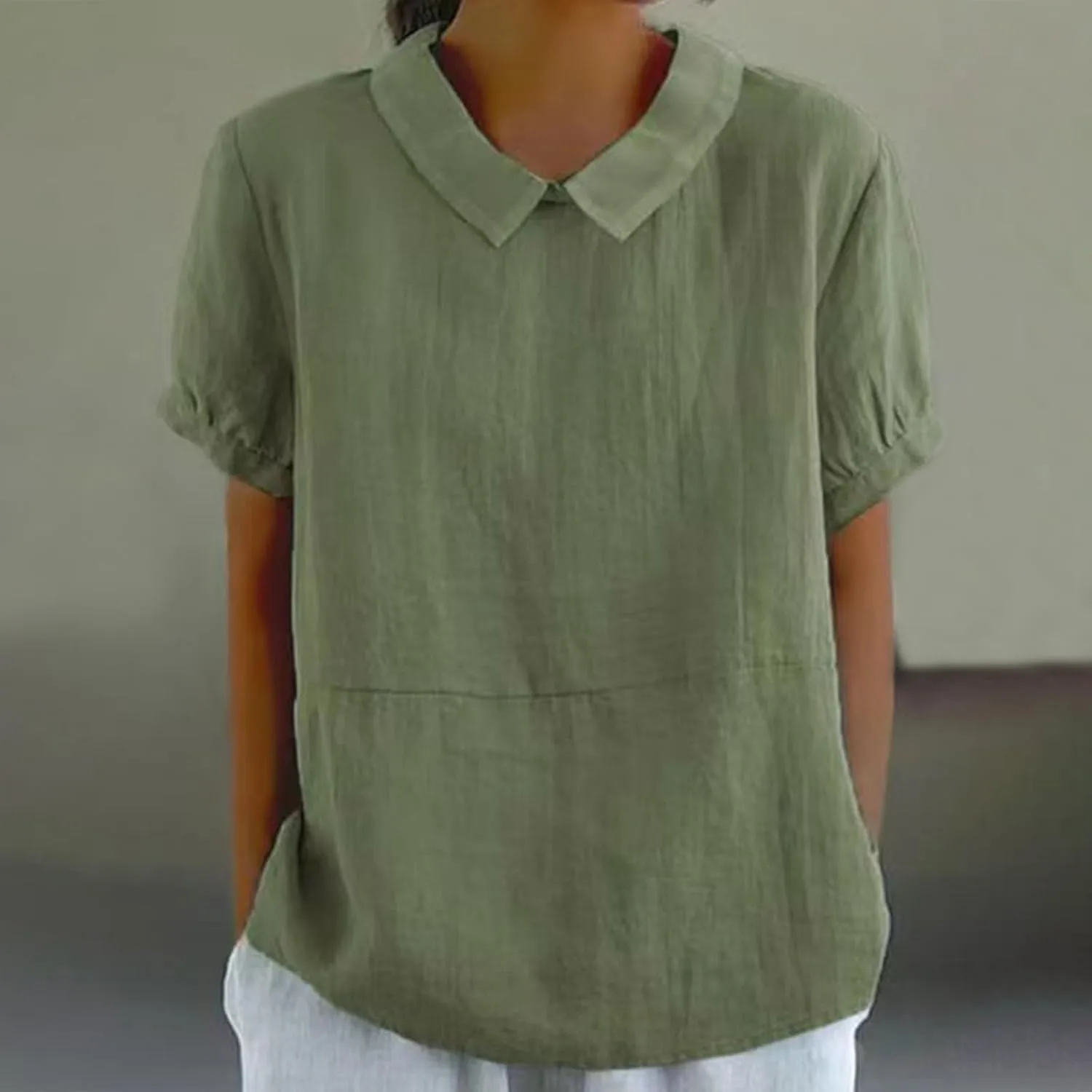 Short Sleeve Linen Tshirt for Women Peter Pan Collar Blouses Vintage Casual Loose Fit Cute Tops Summer Clothes 2025