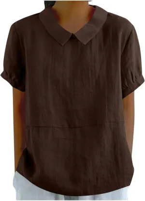 Short Sleeve Linen Tshirt for Women Peter Pan Collar Blouses Vintage Casual Loose Fit Cute Tops Summer Clothes 2025