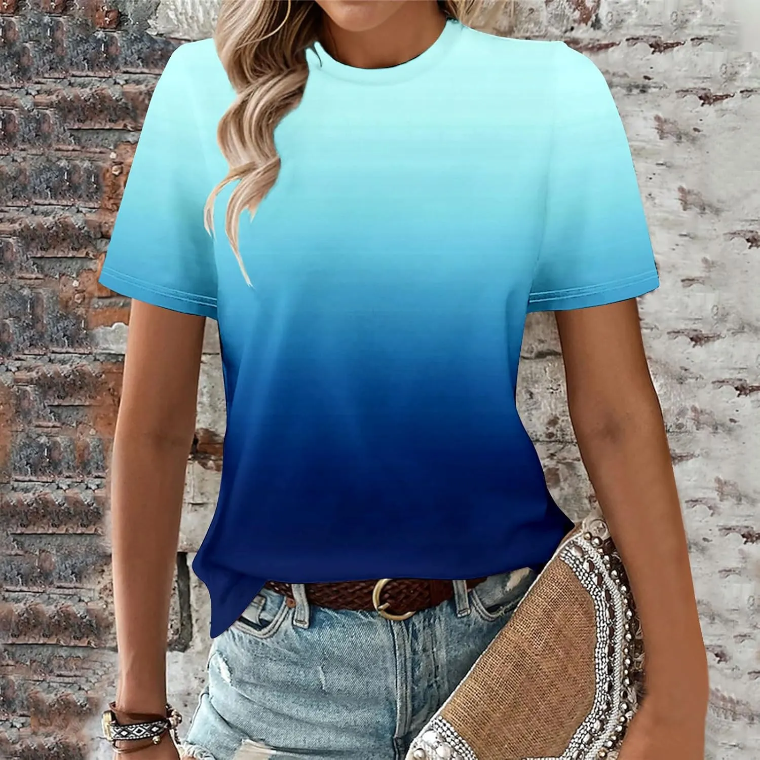 Short Sleeve Tshirt Shirts for Women Trendy Crew Neck Tie Dye Gradient Print Causal Blouses Ladies Cute Summer Tops