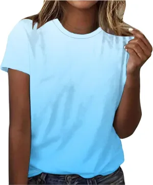 Short Sleeve Tshirt Shirts for Women Trendy Crew Neck Tie Dye Gradient Print Causal Blouses Ladies Cute Summer Tops