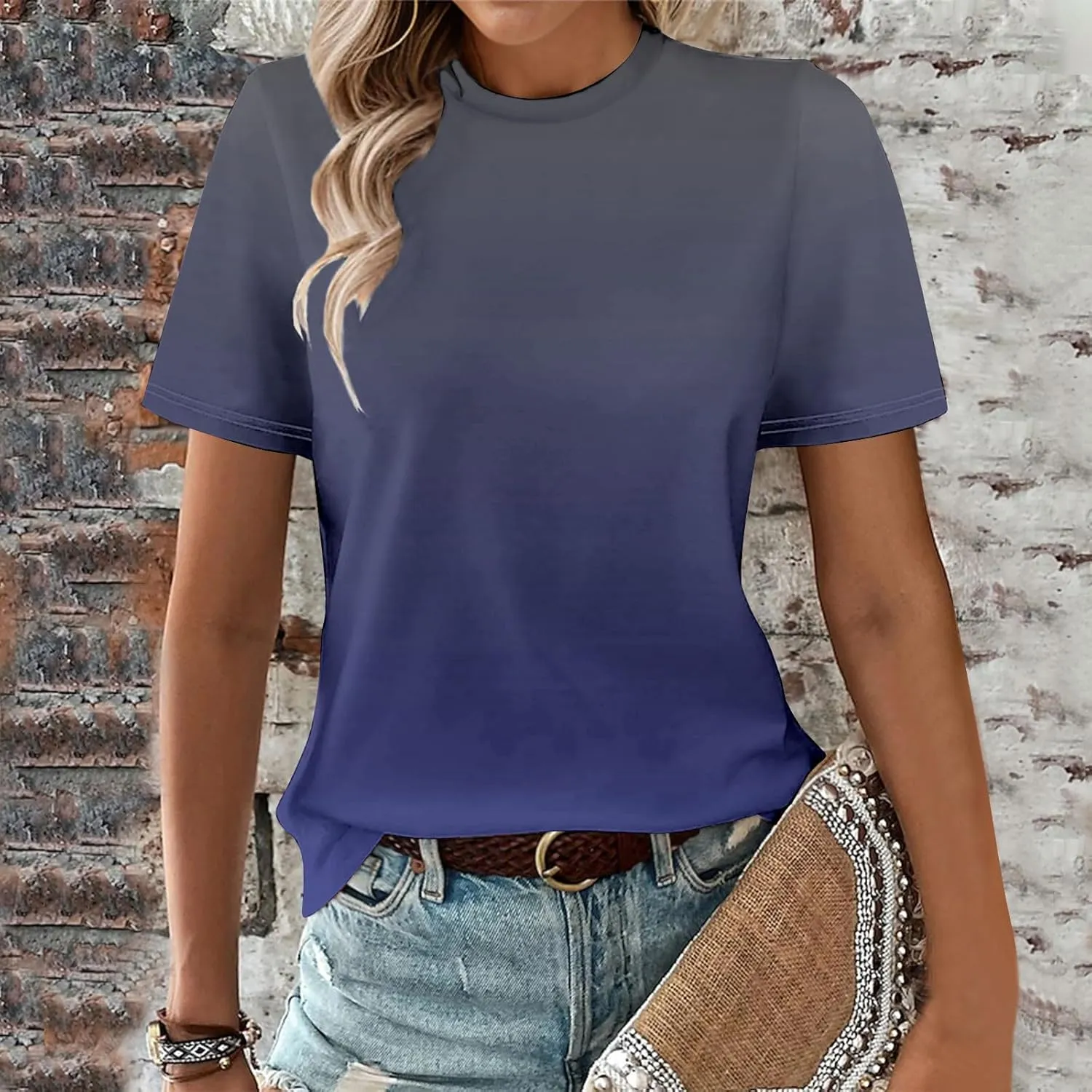 Short Sleeve Tshirt Shirts for Women Trendy Crew Neck Tie Dye Gradient Print Causal Blouses Ladies Cute Summer Tops