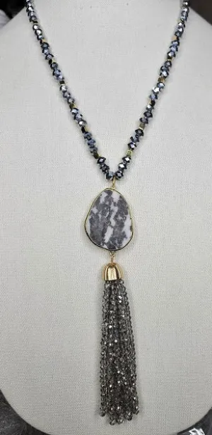 Silver Crystal Necklace with grey stone pendant and tassel