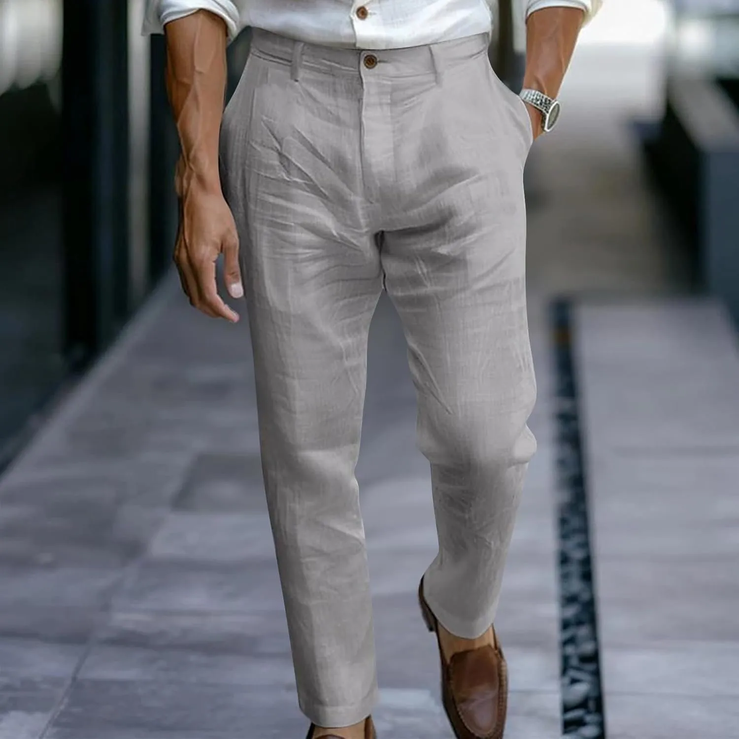 Sinzelimin Men's Linen Suit Pants Fashion Solid Color Button Zipper Closure Dressy Casual Wide Leg Sweatpant Work Trousers