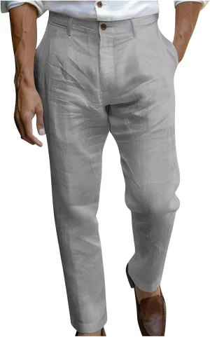 Sinzelimin Men's Linen Suit Pants Fashion Solid Color Button Zipper Closure Dressy Casual Wide Leg Sweatpant Work Trousers