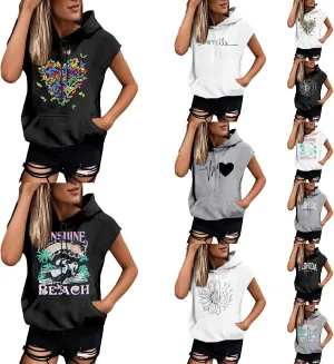 Sleeveless Hoodies for Women Plus Size Heart Print Hooded Sweatshirt Vest Loose Fit Summer Workout Athletic Tank Tops