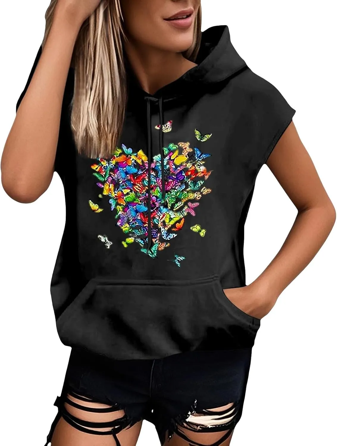 Sleeveless Hoodies for Women Plus Size Heart Print Hooded Sweatshirt Vest Loose Fit Summer Workout Athletic Tank Tops
