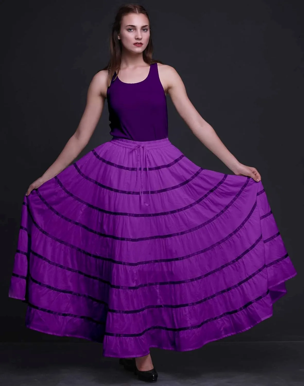Solid Long Maxi Cotton Beach Wear Skirt for Women Elastic Waist Skirt Summer Wear