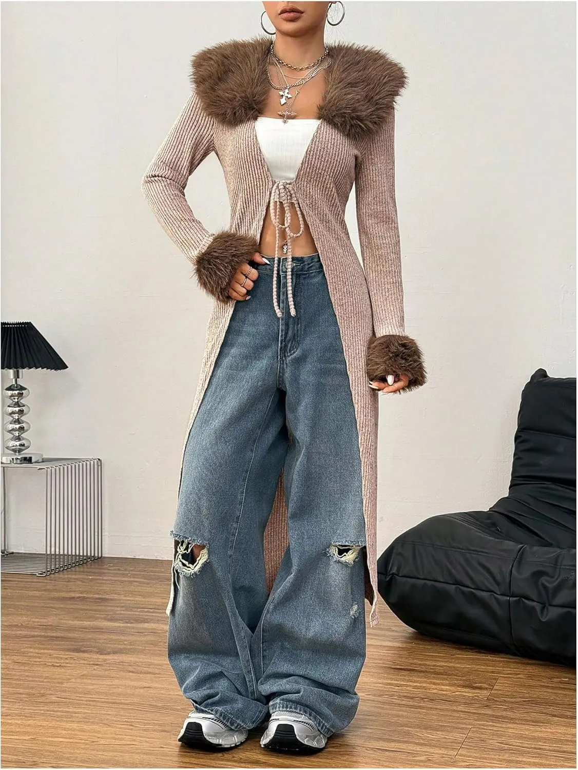 SOLY HUX Long Cardigan for Women Fuzzy Trim Open Front Tie Long Sleeve Y2k Cardigans