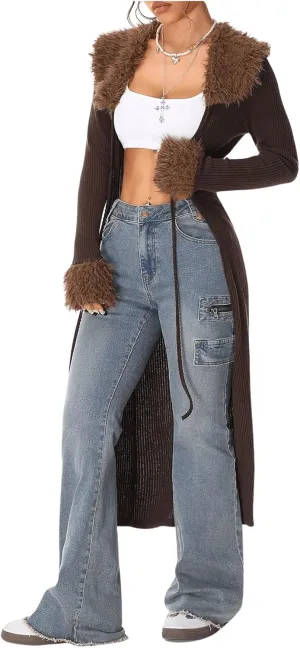SOLY HUX Long Cardigan for Women Fuzzy Trim Open Front Tie Long Sleeve Y2k Cardigans