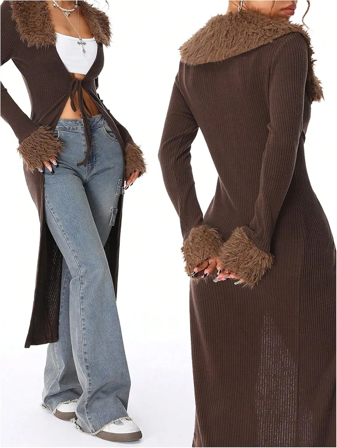 SOLY HUX Long Cardigan for Women Fuzzy Trim Open Front Tie Long Sleeve Y2k Cardigans