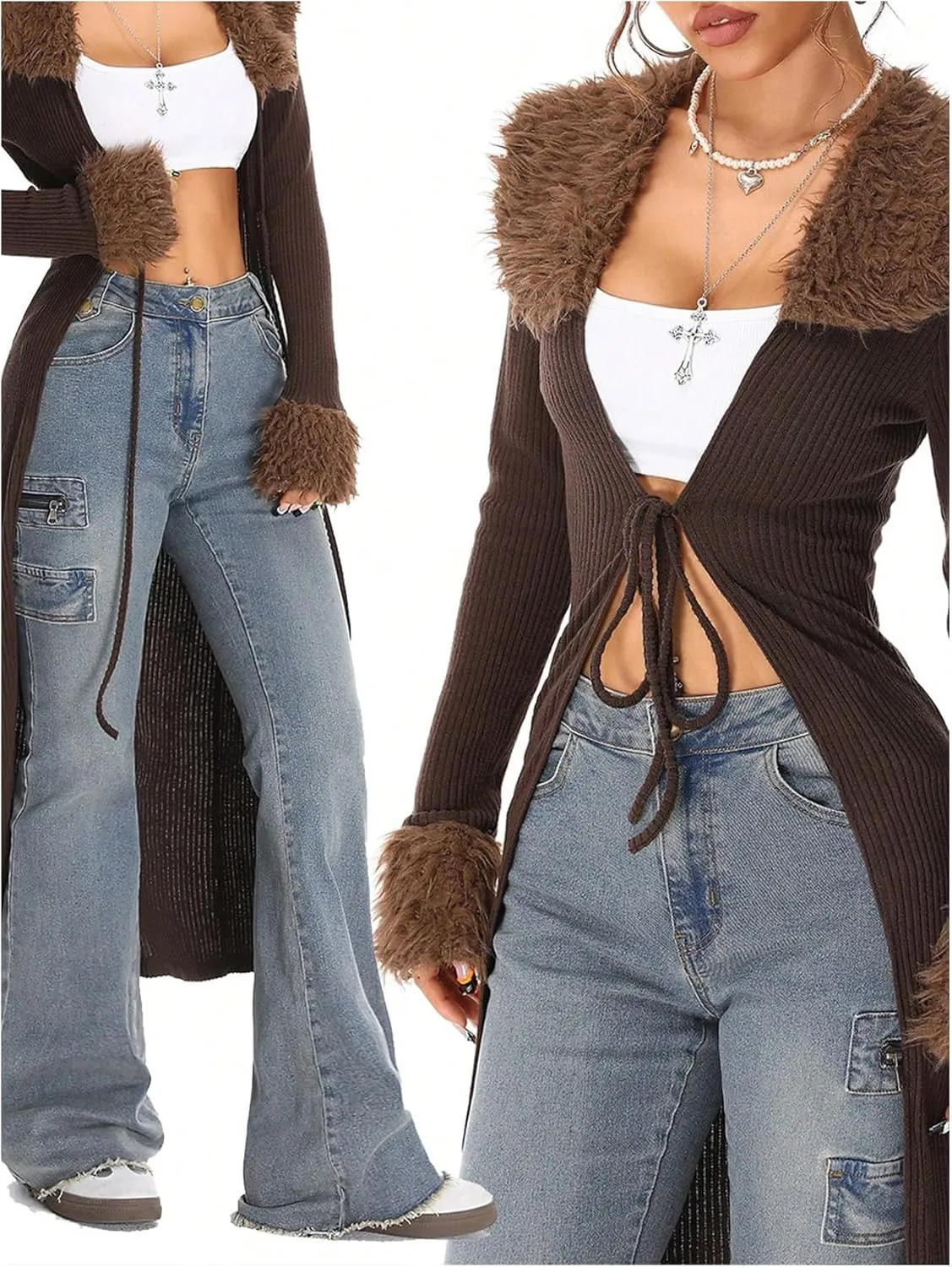 SOLY HUX Long Cardigan for Women Fuzzy Trim Open Front Tie Long Sleeve Y2k Cardigans