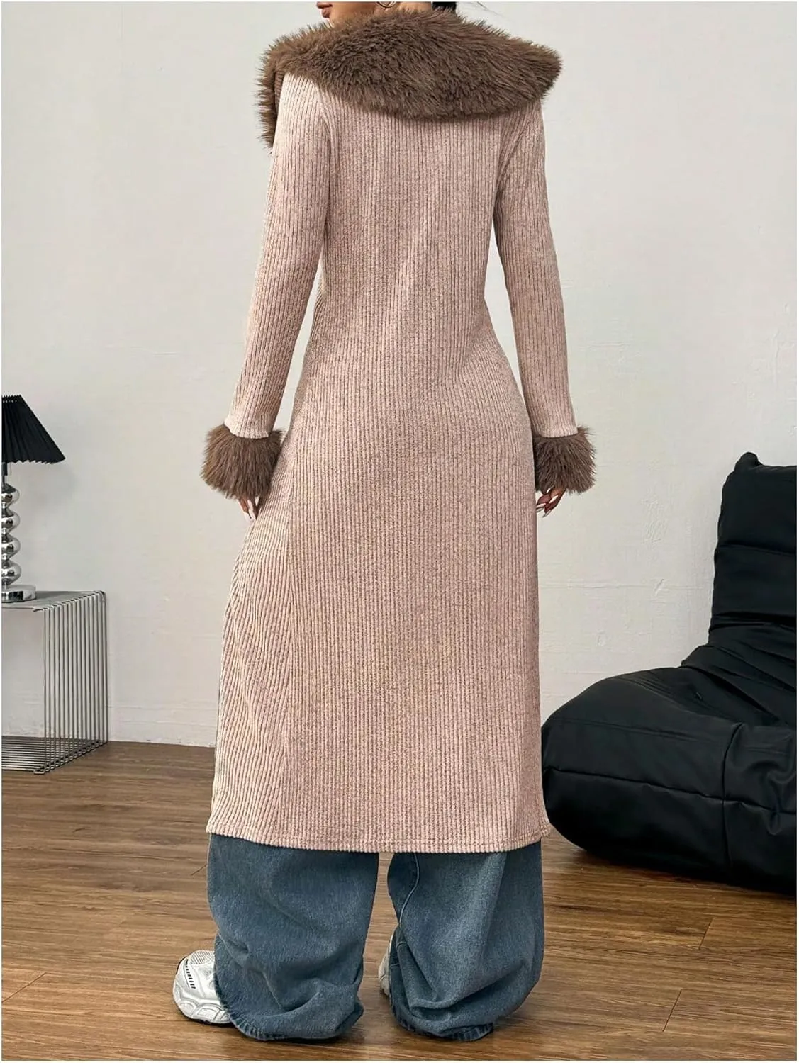 SOLY HUX Long Cardigan for Women Fuzzy Trim Open Front Tie Long Sleeve Y2k Cardigans