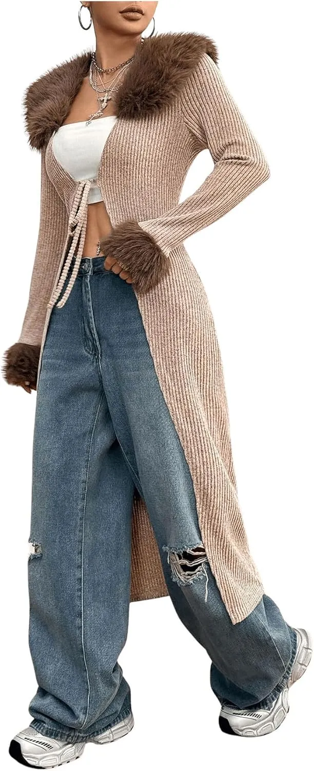 SOLY HUX Long Cardigan for Women Fuzzy Trim Open Front Tie Long Sleeve Y2k Cardigans