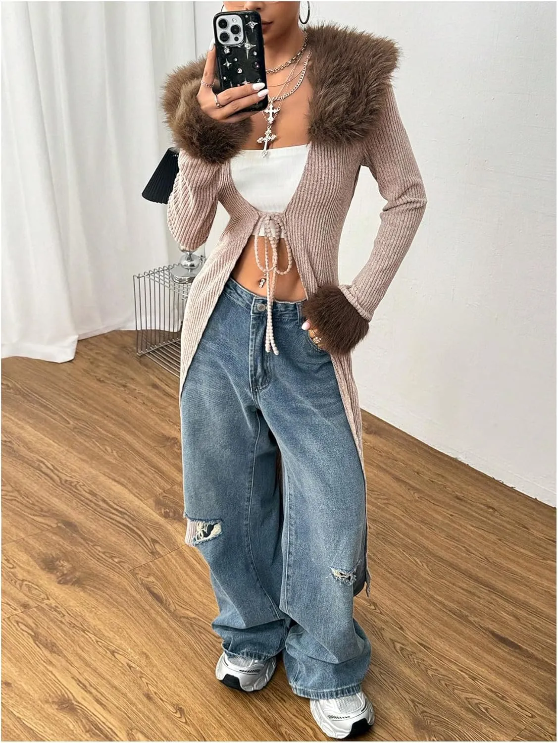 SOLY HUX Long Cardigan for Women Fuzzy Trim Open Front Tie Long Sleeve Y2k Cardigans