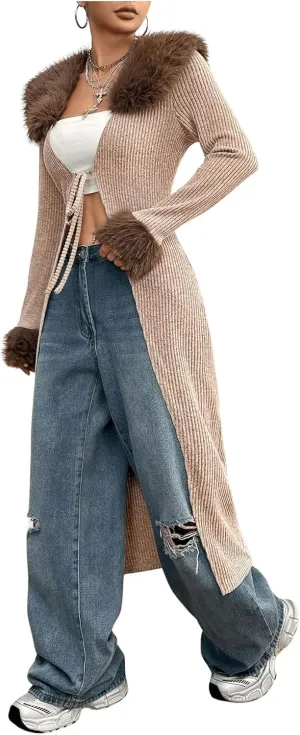 SOLY HUX Long Cardigan for Women Fuzzy Trim Open Front Tie Long Sleeve Y2k Cardigans