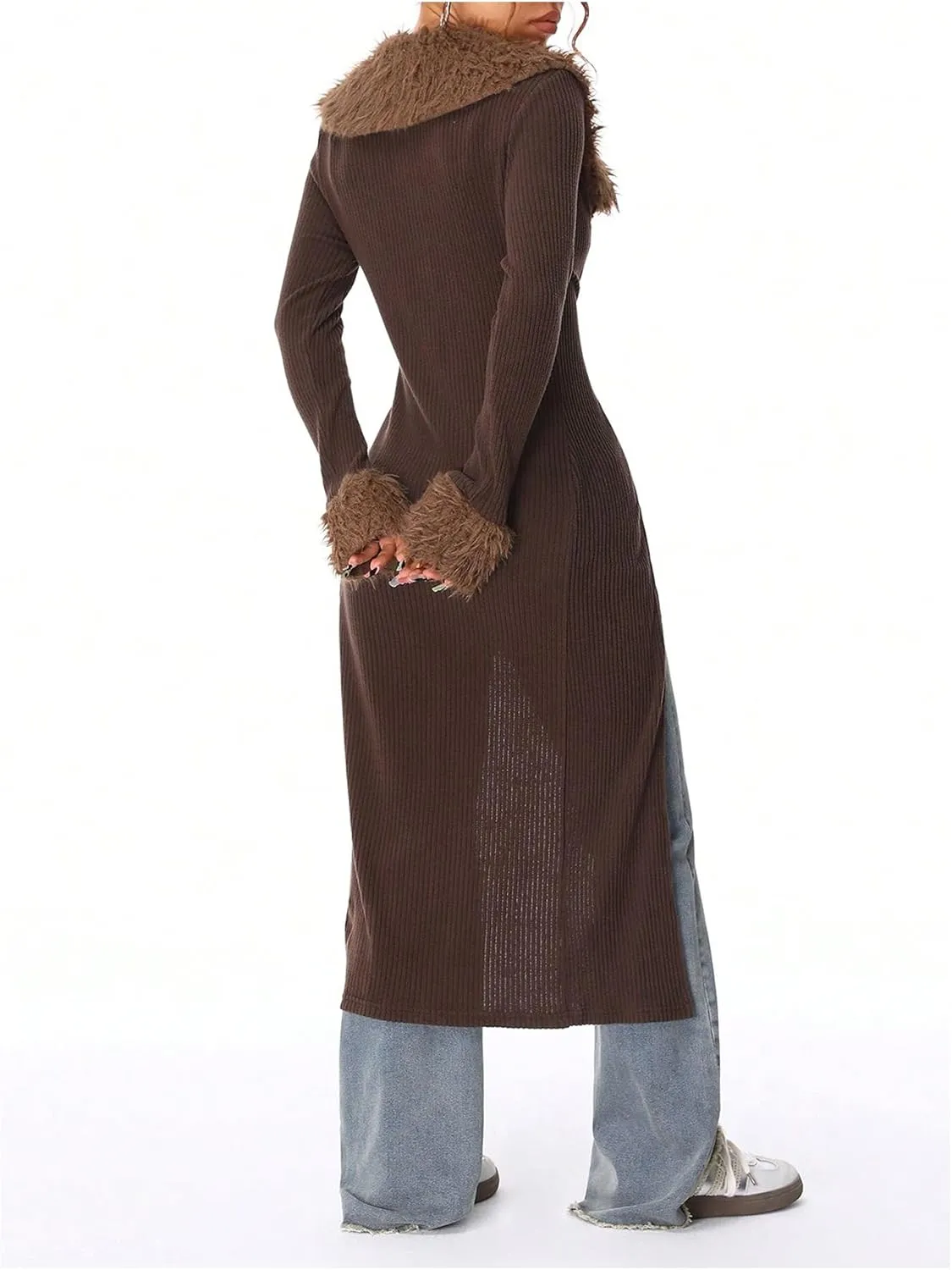 SOLY HUX Long Cardigan for Women Fuzzy Trim Open Front Tie Long Sleeve Y2k Cardigans