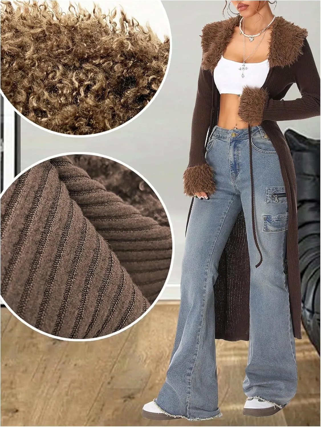 SOLY HUX Long Cardigan for Women Fuzzy Trim Open Front Tie Long Sleeve Y2k Cardigans
