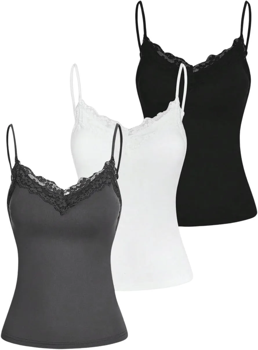 SOLY HUX Women's Camisole Tops with Built in Bra 3 Packs Lace Trim Spaghetti Strap Cami Tank Top
