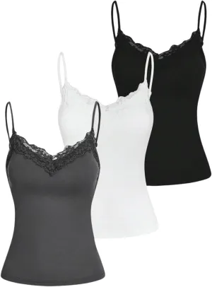 SOLY HUX Women's Camisole Tops with Built in Bra 3 Packs Lace Trim Spaghetti Strap Cami Tank Top