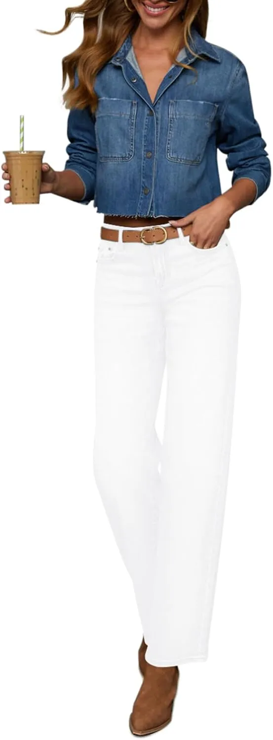 Straight Leg Jeans for Women Trendy High Waisted Cropped Boyfriend Mom Stretchy Frayed Hem Loose Wide Leg Baggy Pants