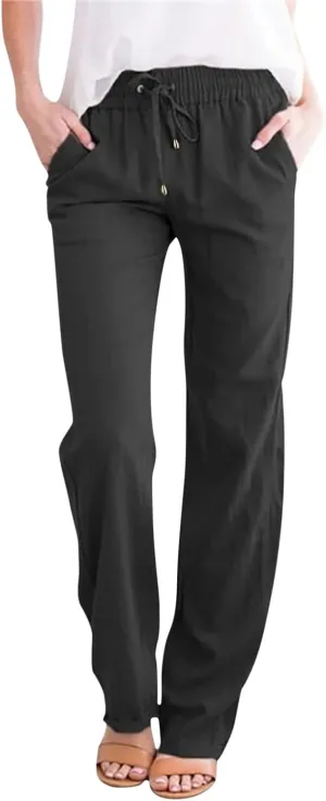 Straight Leg Pants for Women Casual Summer Work High Waist Summer Beach Tall Long Palazzo Lounge Pull on Stretchy Women Sweatpants with Pockets Wide Leg Women Capri Pajamas Set Cotton