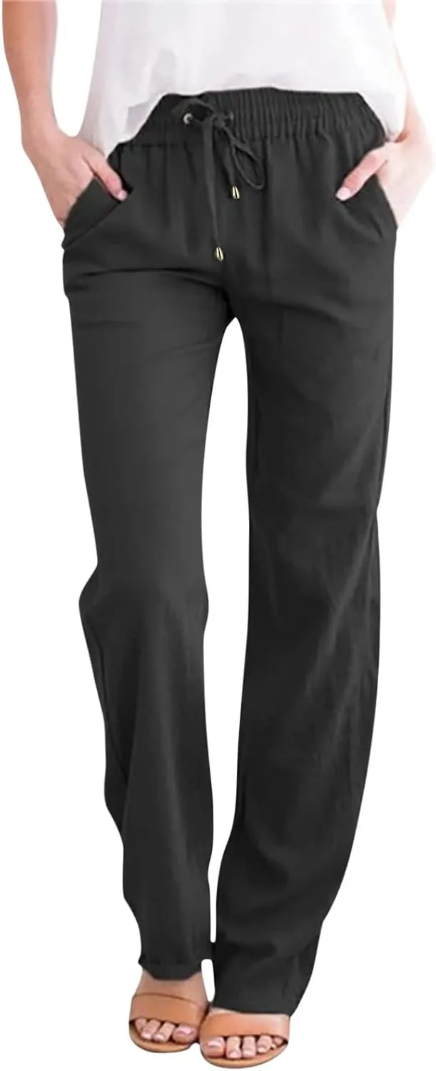 Straight Leg Pants for Women Casual Summer Work High Waist Summer Beach Tall Long Palazzo Lounge Pull on Stretchy Women Sweatpants with Pockets Wide Leg Women Capri Pajamas Set Cotton