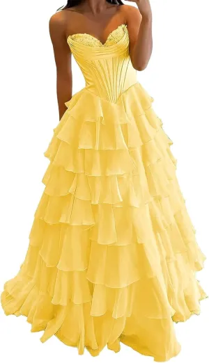 Strapless Corset Prom Dresses for Women 2025 Long Tiered Ruffle Chiffon Formal Party Evening Gown Tulle Dress with Slit