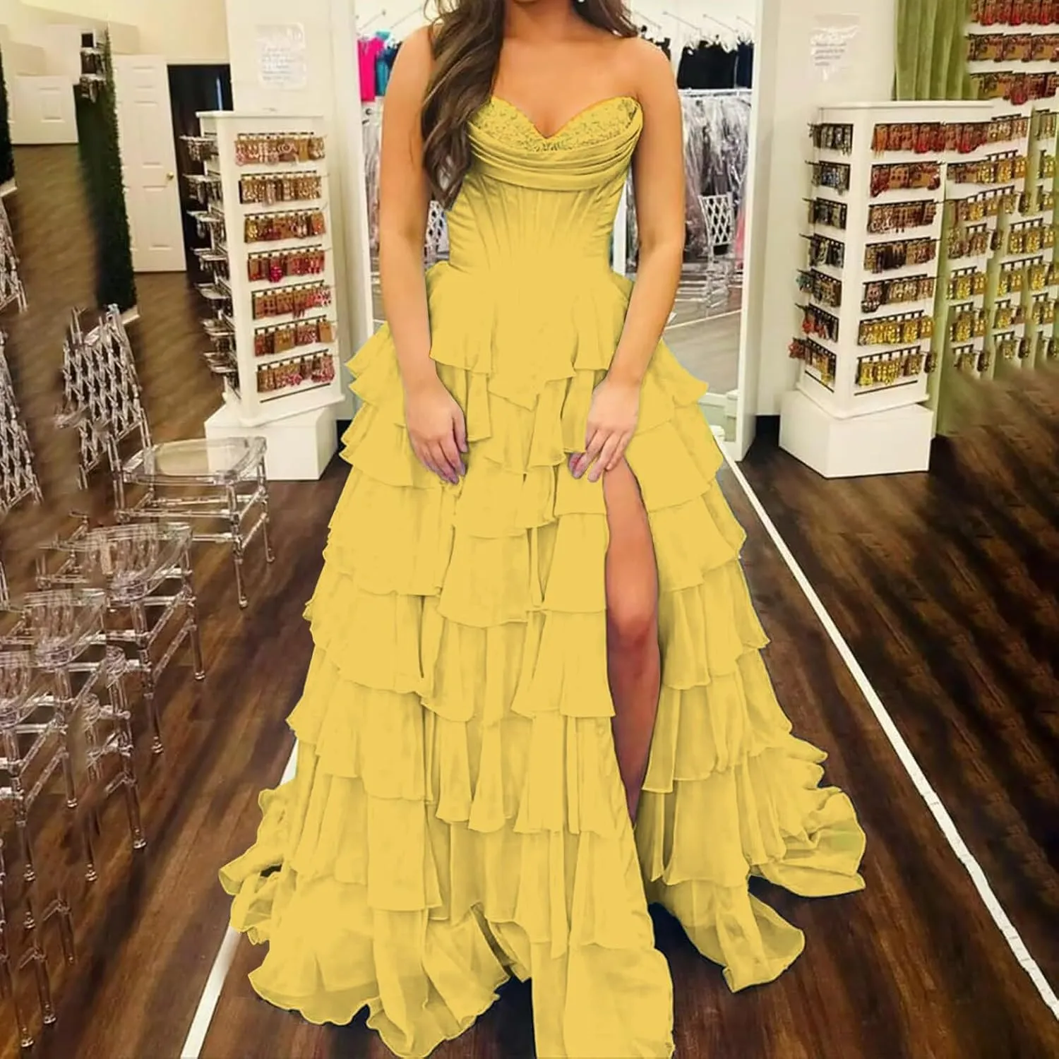 Strapless Corset Prom Dresses for Women 2025 Long Tiered Ruffle Chiffon Formal Party Evening Gown Tulle Dress with Slit