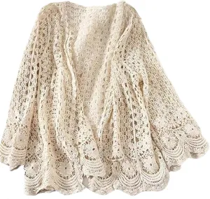 Summer Cardigan for Women, Long Sleeve Crochet Hollow Cardigan, Loose Lightweight Womens Summer Cardigan, Boho Knitted Kimono(One Size) Creamy White