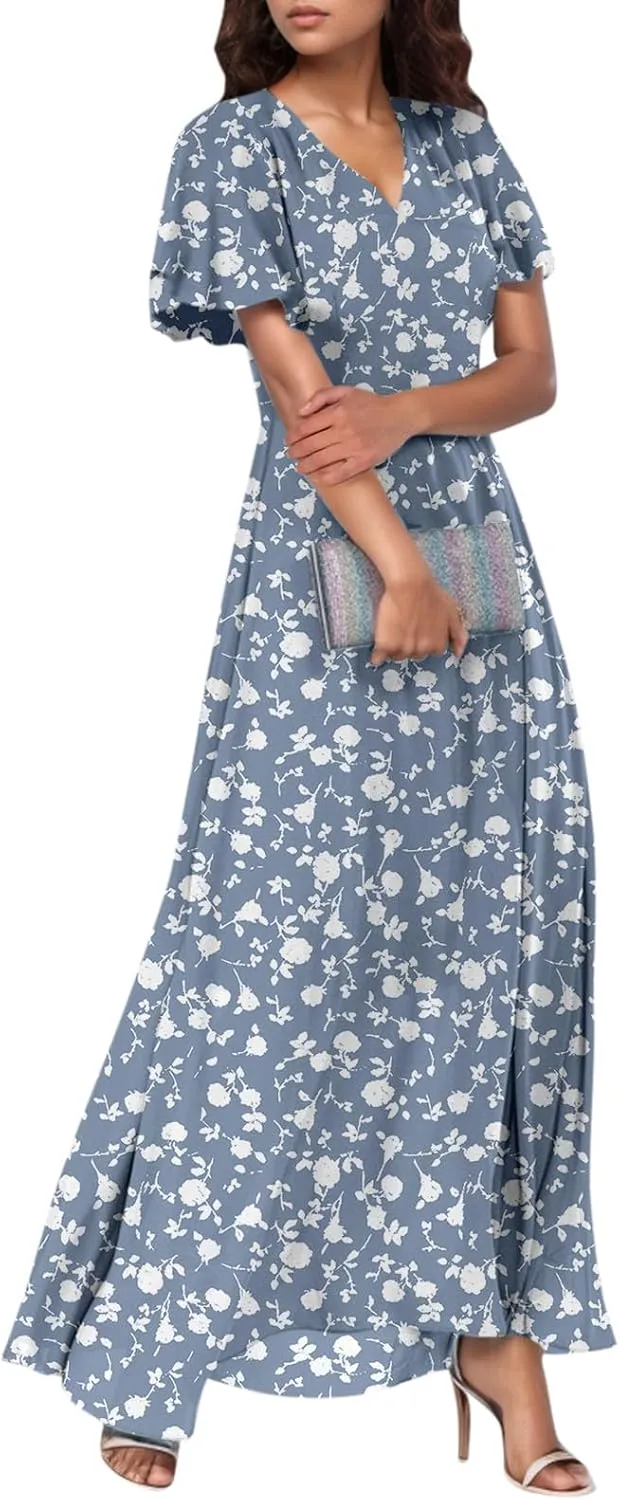 Summer Dress for Women Swing Flowy Ruffle Hem Dresses Short Sleeve Wrap V Neck Chiffon Boho Floral Maxi Dresses