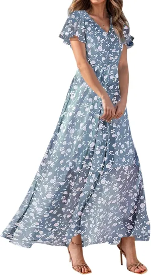 Summer Dress for Women Swing Flowy Ruffle Hem Dresses Short Sleeve Wrap V Neck Chiffon Boho Floral Maxi Dresses