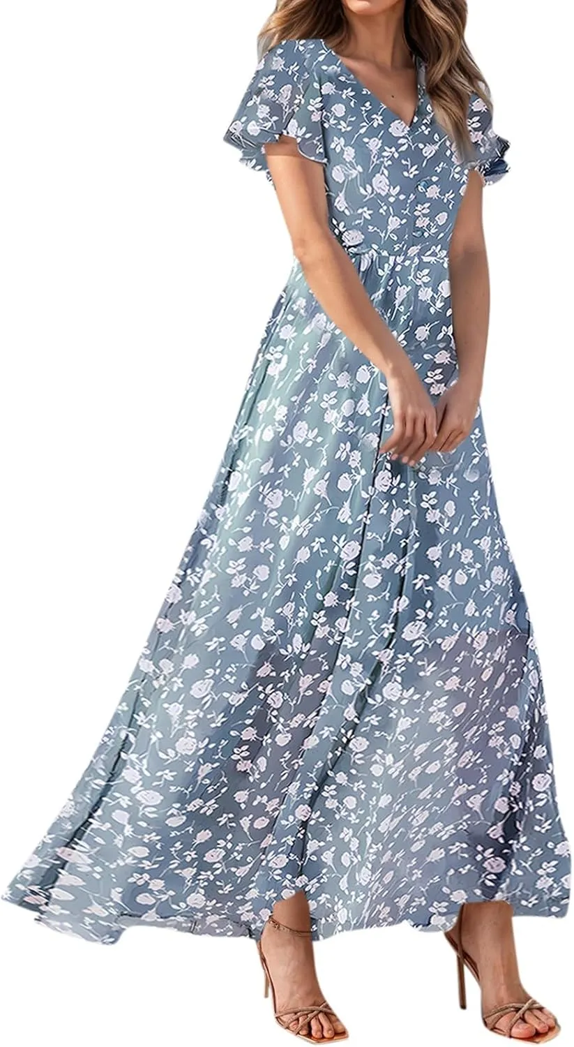 Summer Dress for Women Swing Flowy Ruffle Hem Dresses Short Sleeve Wrap V Neck Chiffon Boho Floral Maxi Dresses