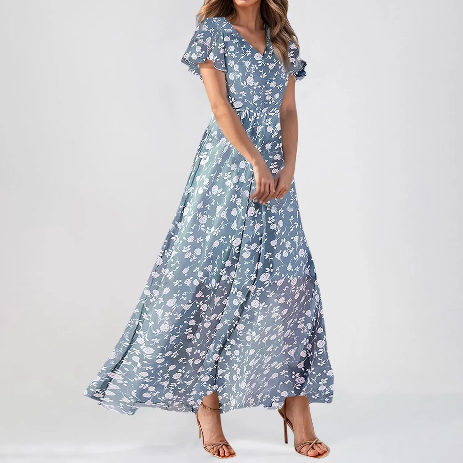 Summer Dress for Women Swing Flowy Ruffle Hem Dresses Short Sleeve Wrap V Neck Chiffon Boho Floral Maxi Dresses