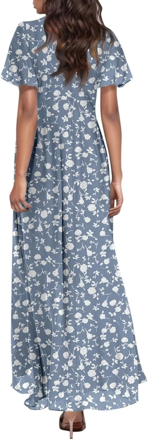 Summer Dress for Women Swing Flowy Ruffle Hem Dresses Short Sleeve Wrap V Neck Chiffon Boho Floral Maxi Dresses