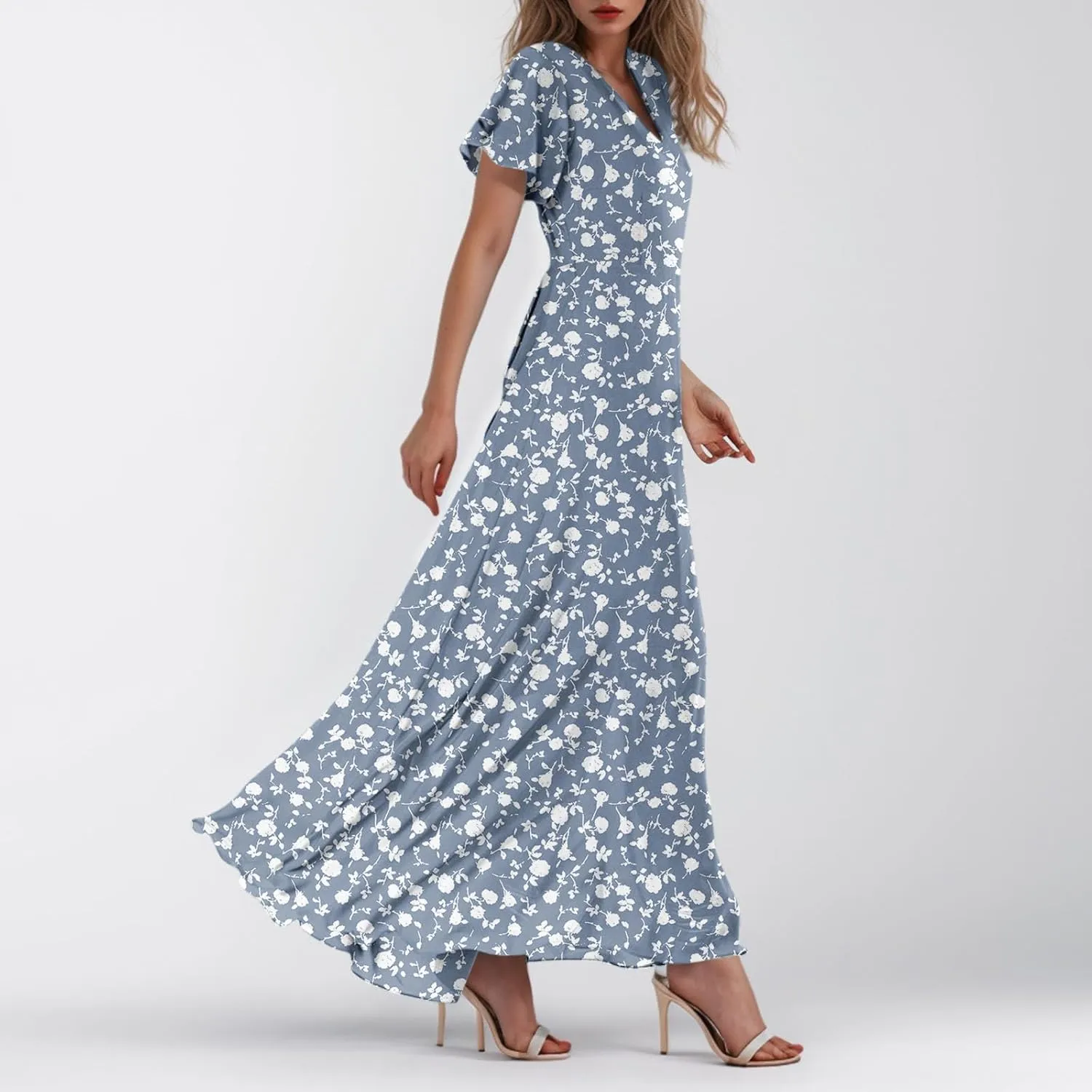 Summer Dress for Women Swing Flowy Ruffle Hem Dresses Short Sleeve Wrap V Neck Chiffon Boho Floral Maxi Dresses