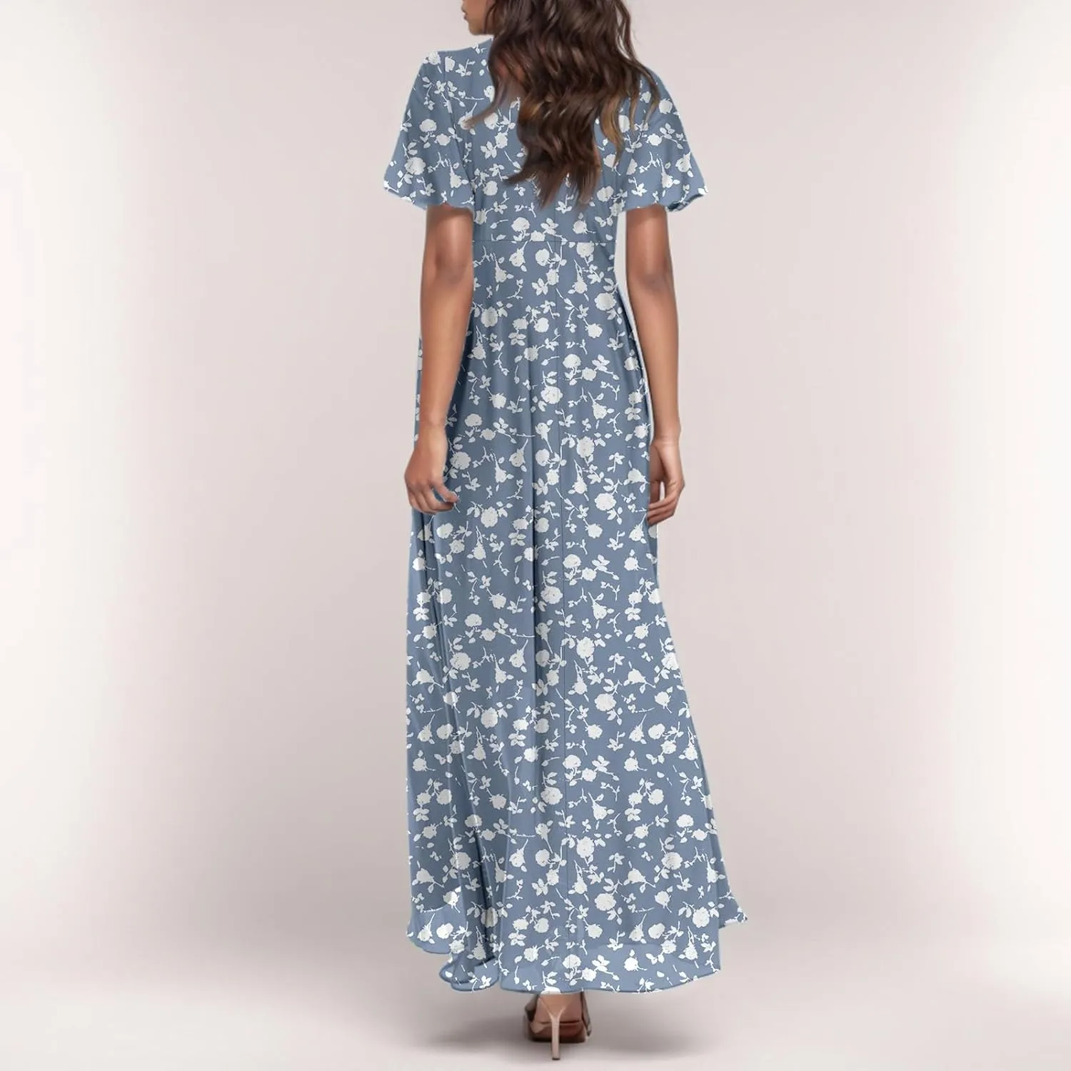 Summer Dress for Women Swing Flowy Ruffle Hem Dresses Short Sleeve Wrap V Neck Chiffon Boho Floral Maxi Dresses