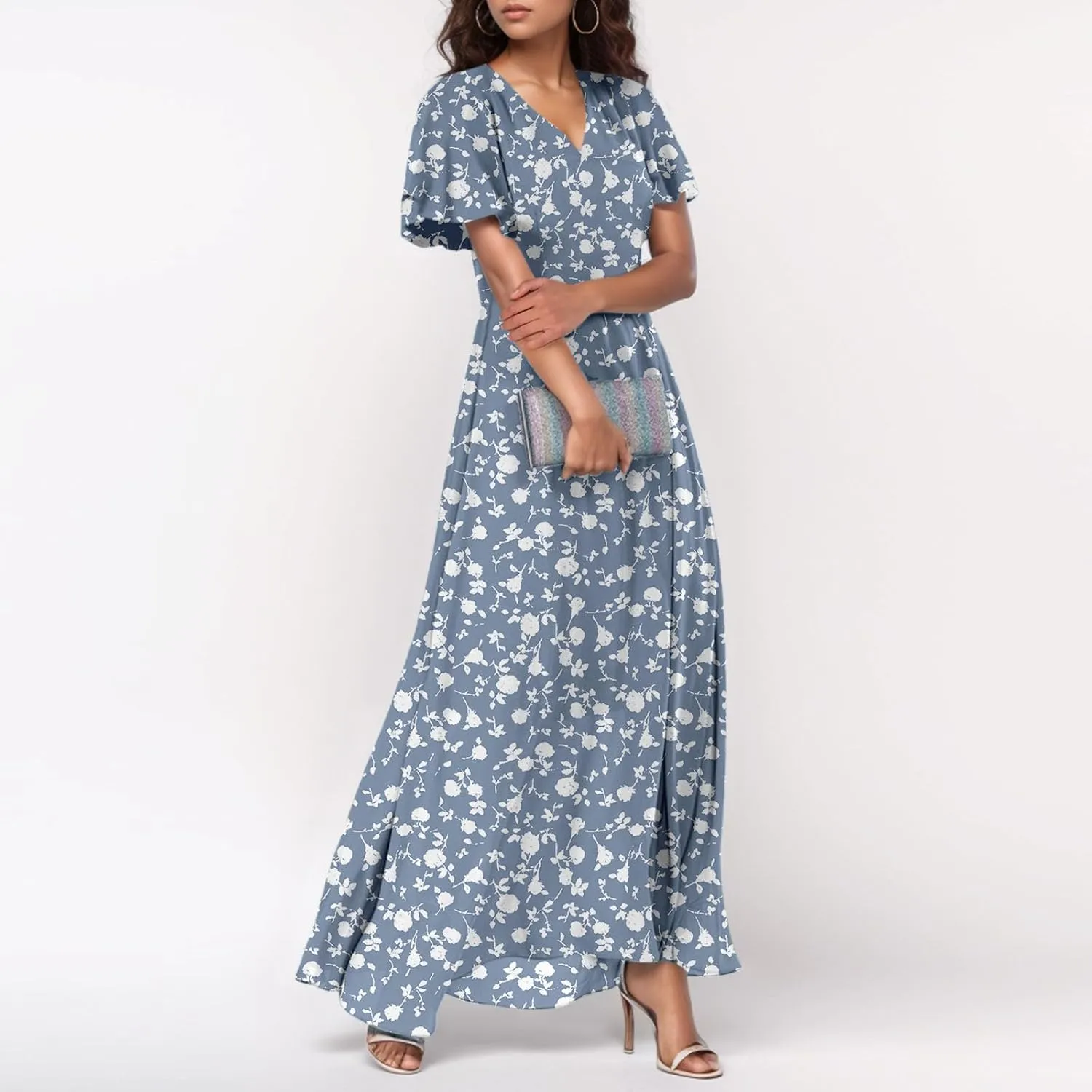 Summer Dress for Women Swing Flowy Ruffle Hem Dresses Short Sleeve Wrap V Neck Chiffon Boho Floral Maxi Dresses