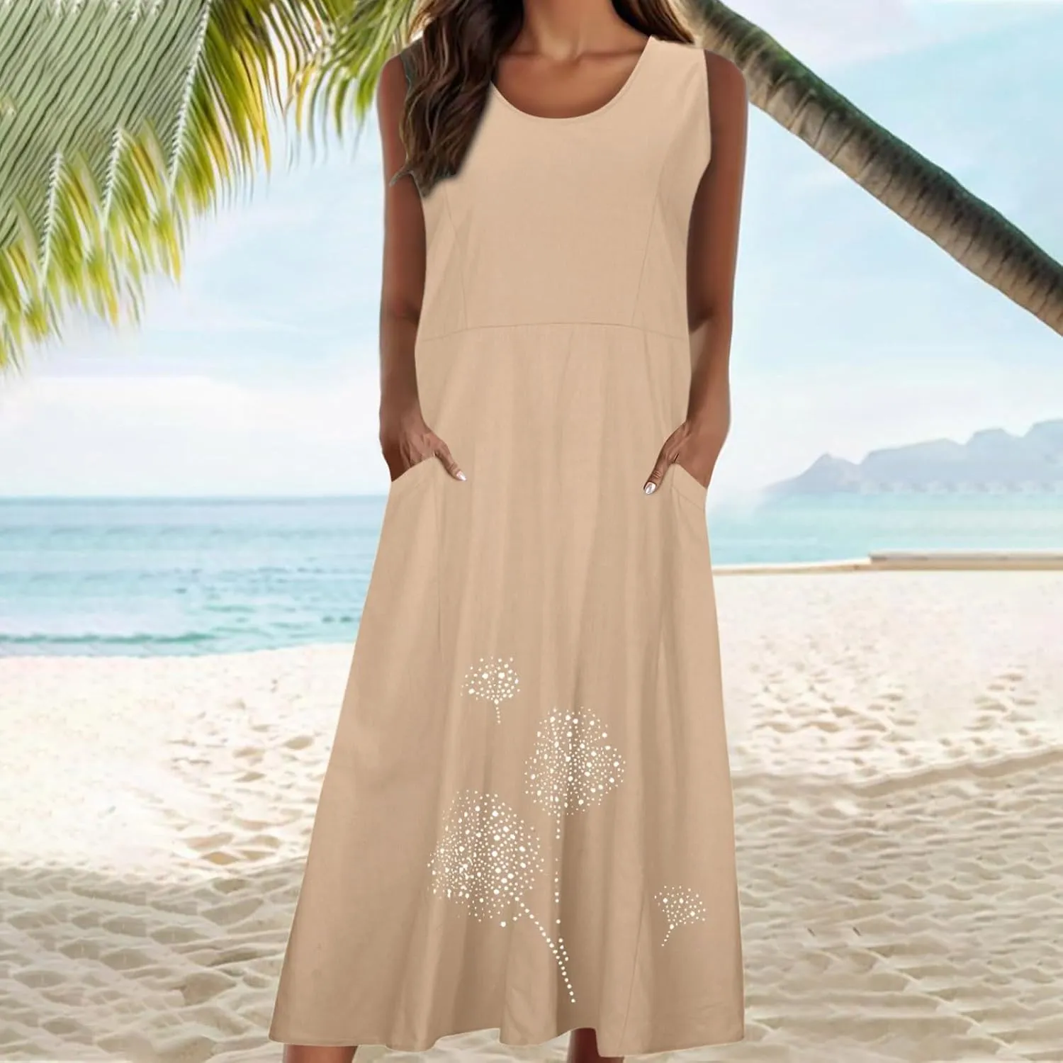 Summer Dresses for Women 2024 Casual Cotton Linen Crewneck Short Sleeve Dress with Pocket Plus Size Boho Long Dress
