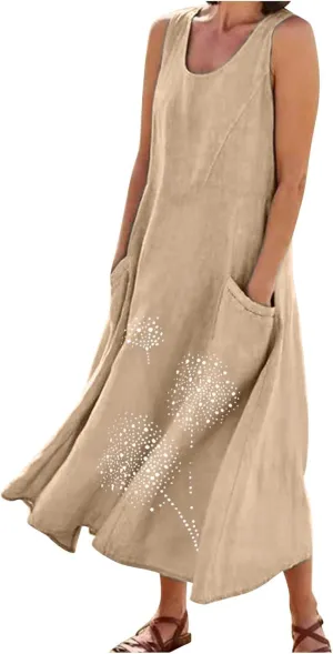 Summer Dresses for Women 2024 Casual Cotton Linen Crewneck Short Sleeve Dress with Pocket Plus Size Boho Long Dress