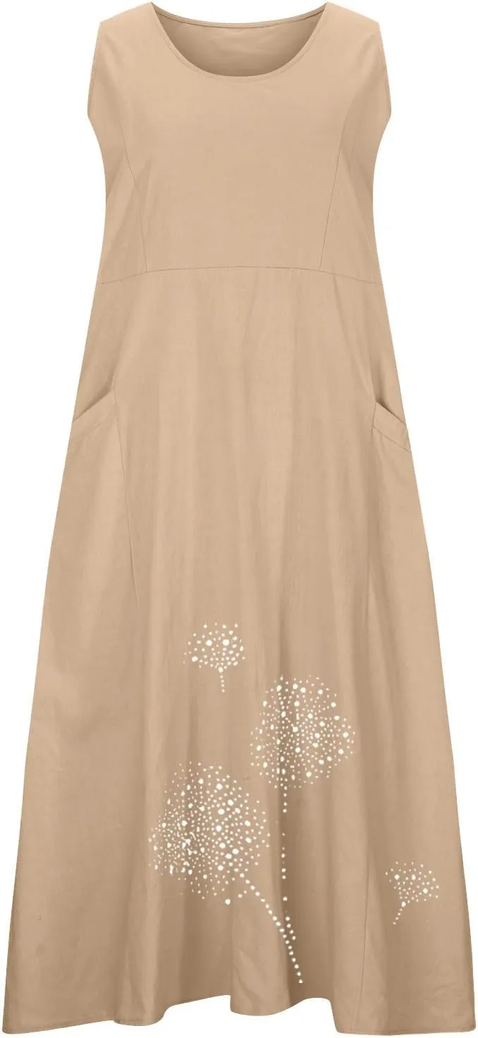 Summer Dresses for Women 2024 Casual Cotton Linen Crewneck Short Sleeve Dress with Pocket Plus Size Boho Long Dress