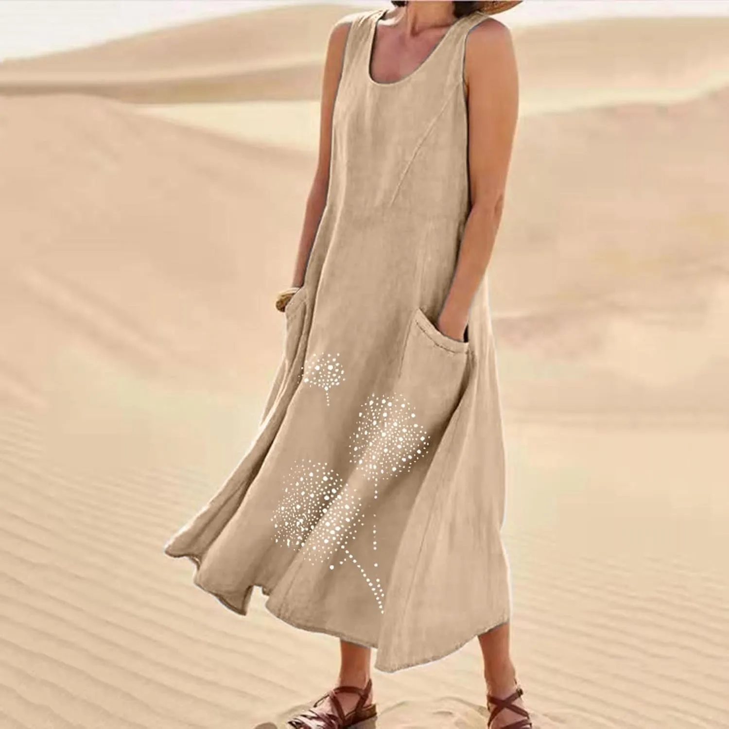 Summer Dresses for Women 2024 Casual Cotton Linen Crewneck Short Sleeve Dress with Pocket Plus Size Boho Long Dress