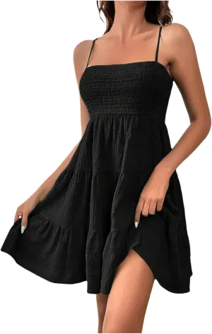 Summer Dresses for Women 2024 Spaghetti Strap Waist Ruffle Mini Dress Sleeveless Smocked Sundress A Line Tiered Dress